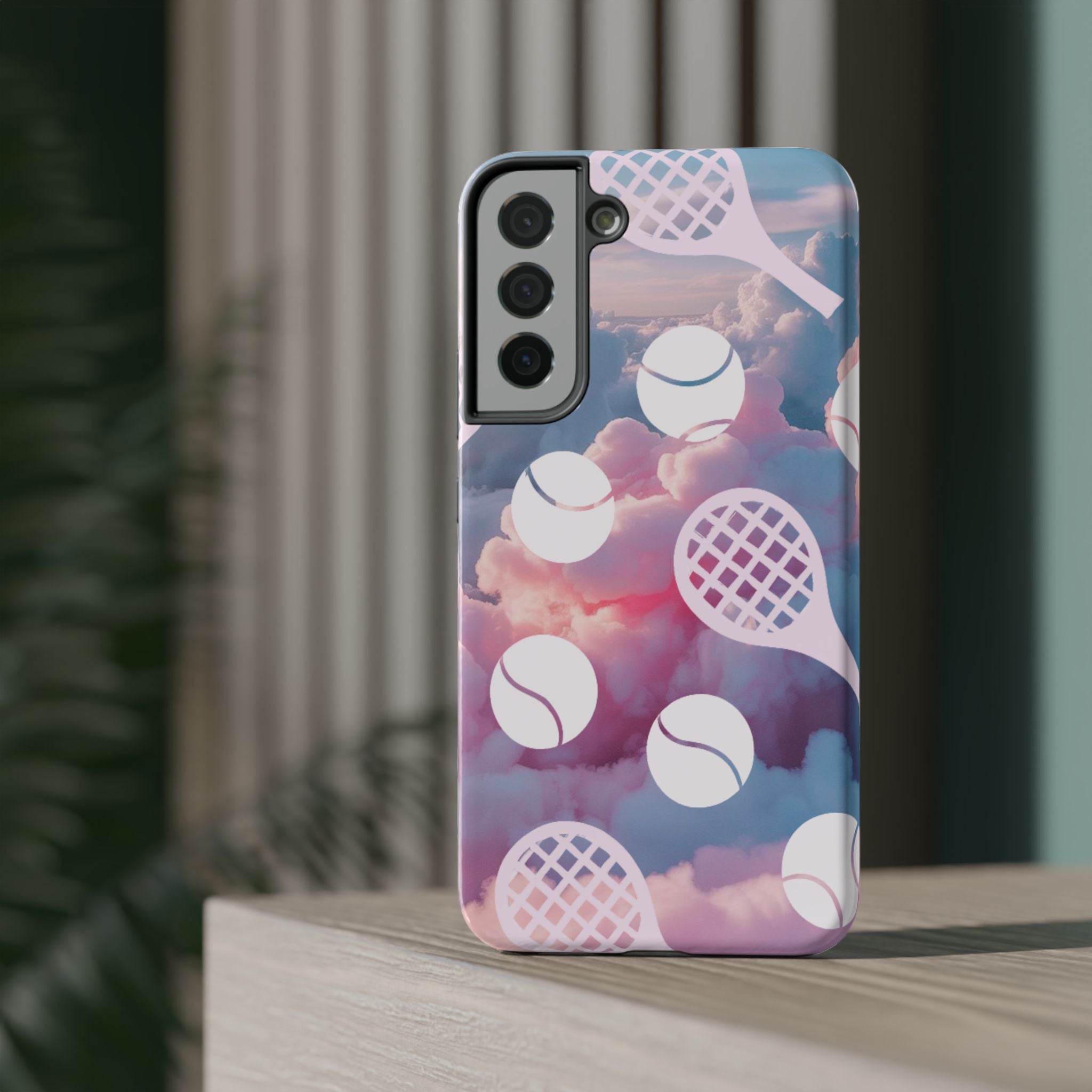Tennis Impact-Resistant Phone Case — Tennis Rackets & Balls on Cloudscape