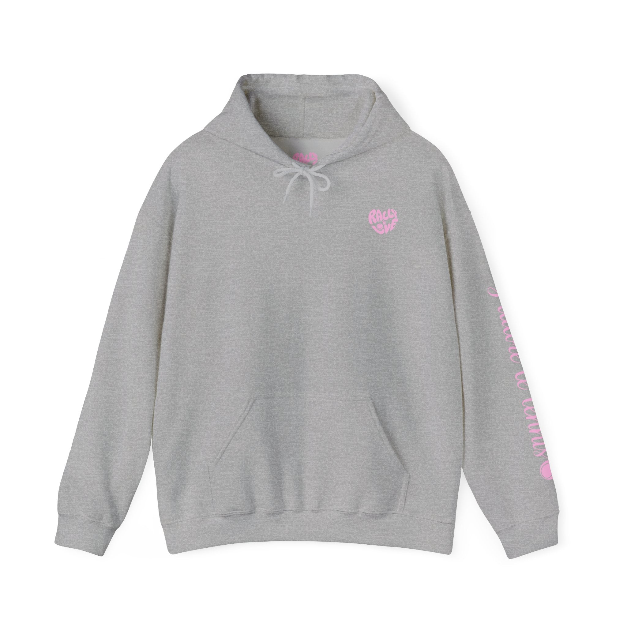 Women's Hoodie sweatshirt — "J'adore le tennis" Tennis Ball Sleeve Design (bubblegum pink)