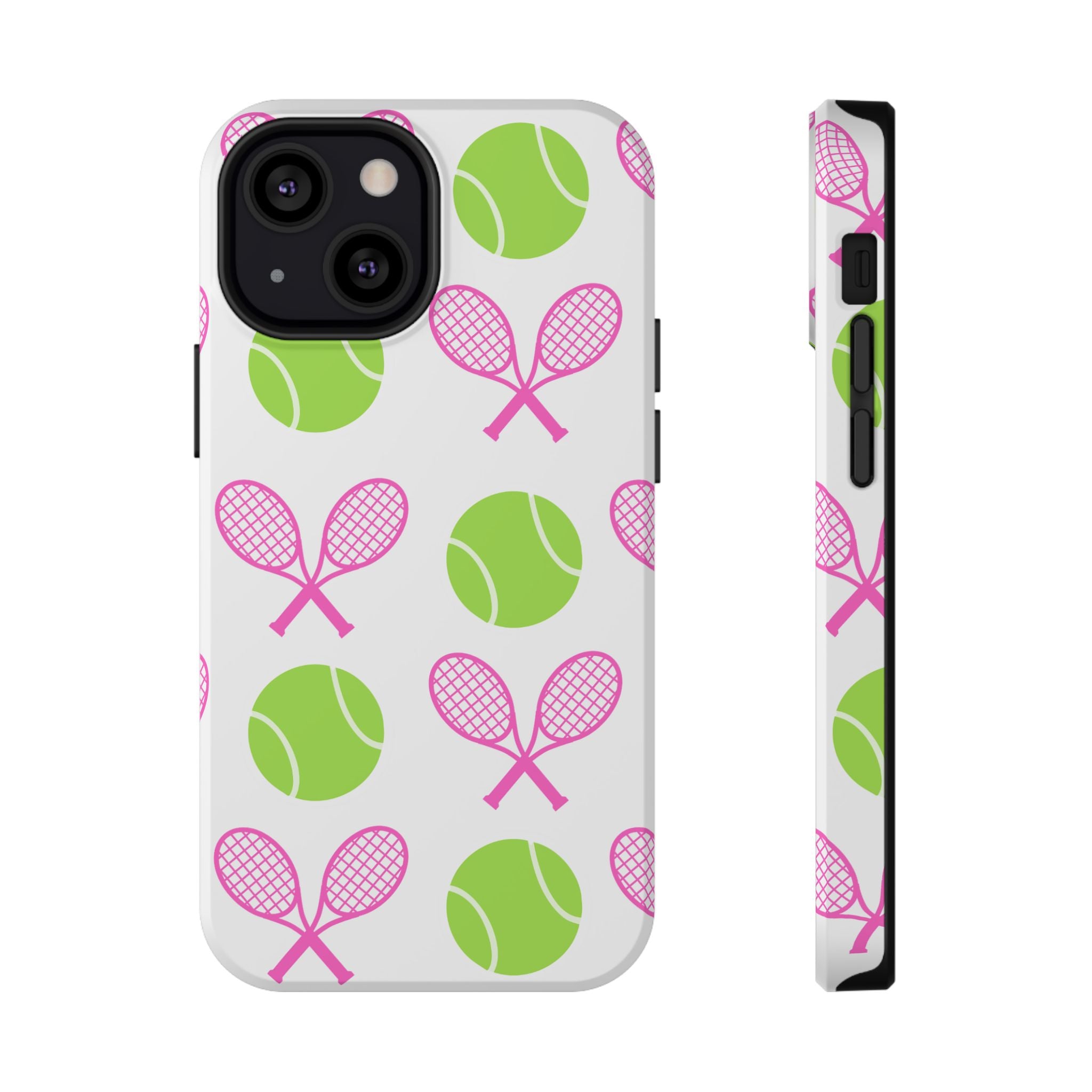 Tennis Pattern Impact-Resistant Phone Case — Pink Rackets & Green Balls