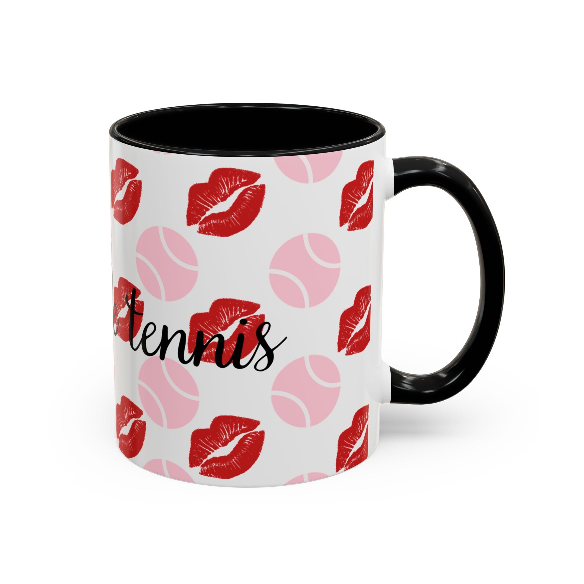 Tennis Kiss Accent Coffee Mug — 'Adore Le Tennis' Pink Balls & Red Lip Pattern (11/15 oz)