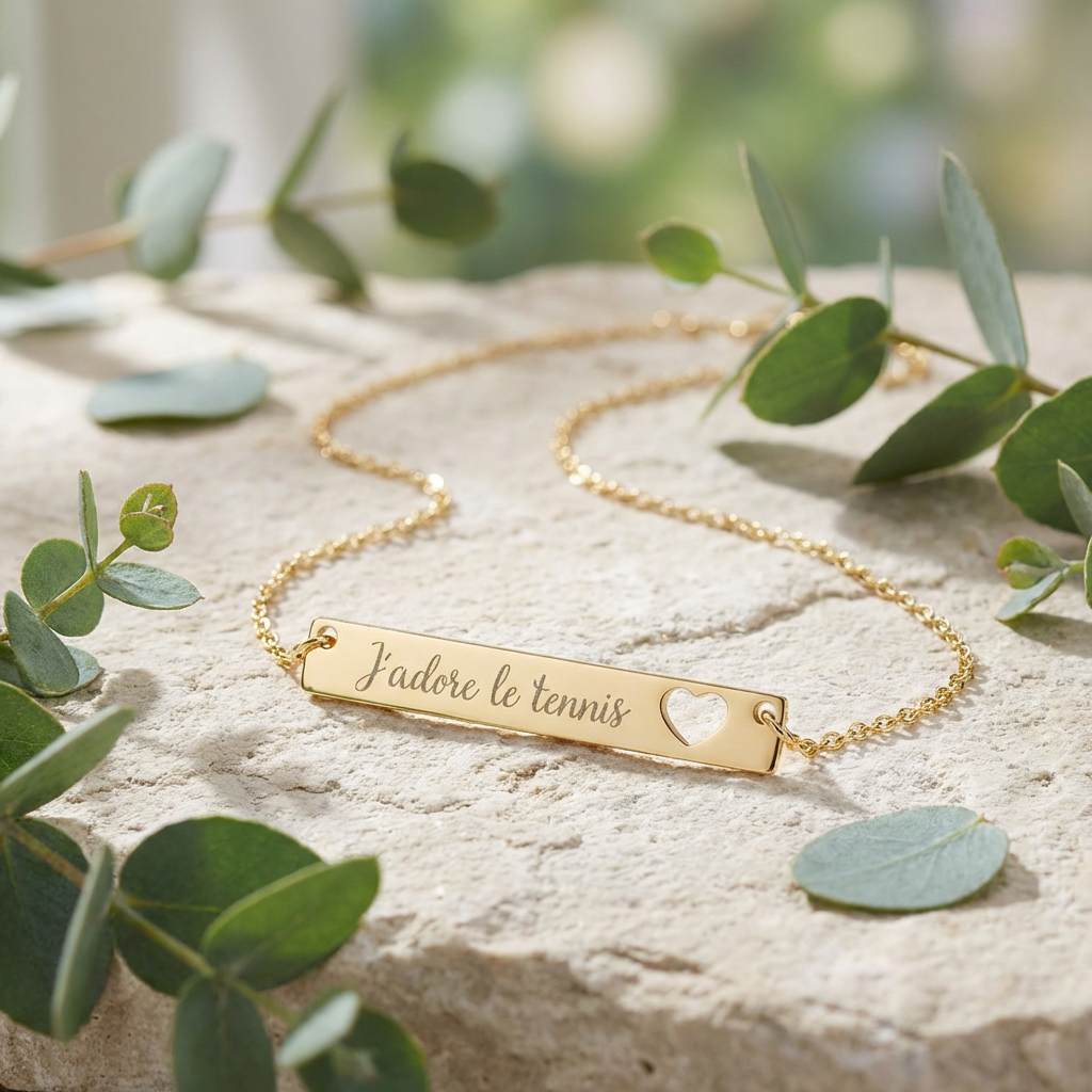 Engraved Cutout Heart Bar Necklace — J'adore le tennis/heart cutout