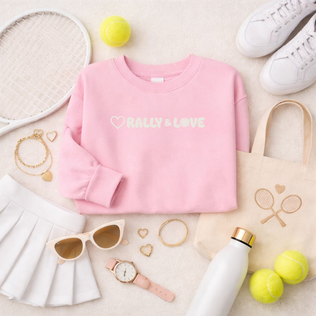 Women's Crewneck Sweatshirt - 'Rally & Love' tennis, soft neutral sweatshirt (cream)