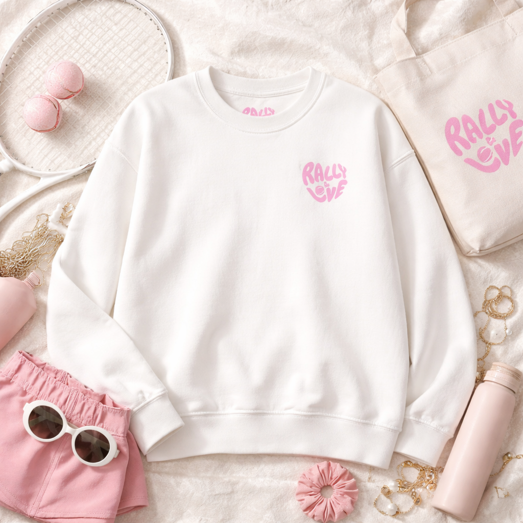 Women's Crewneck Sweatshirt — "Rally & Love" logo Chest Sweatshirt (bubblegum pink)