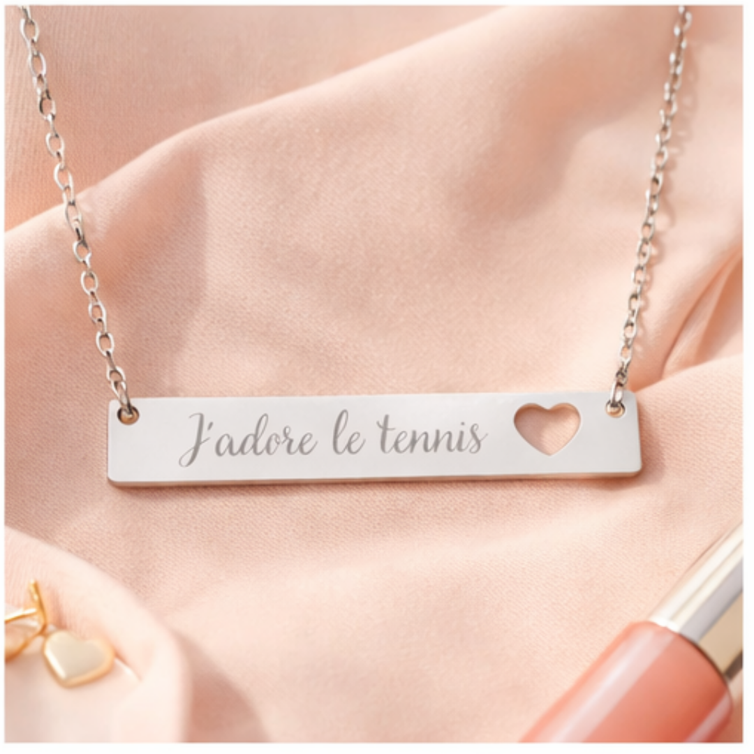 Engraved Cutout Heart Bar Necklace — J'adore le tennis/heart cutout