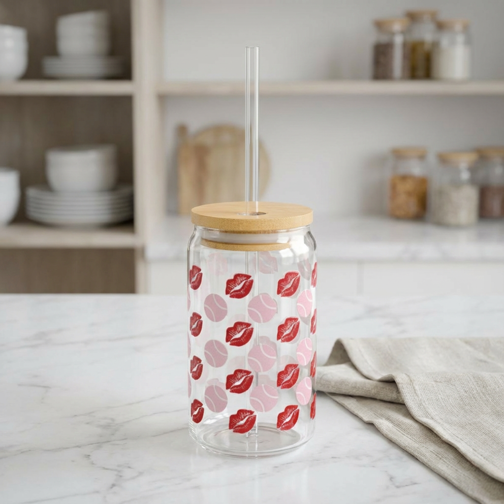 Sipper Glass, 16oz - lips/pink tennis balls