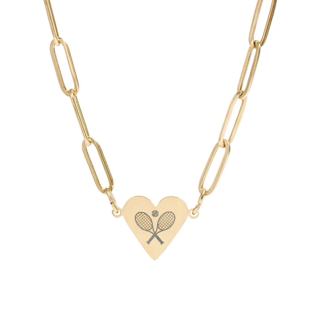 Paperclip Heart Necklace — Engraved Tennis Racket Charm