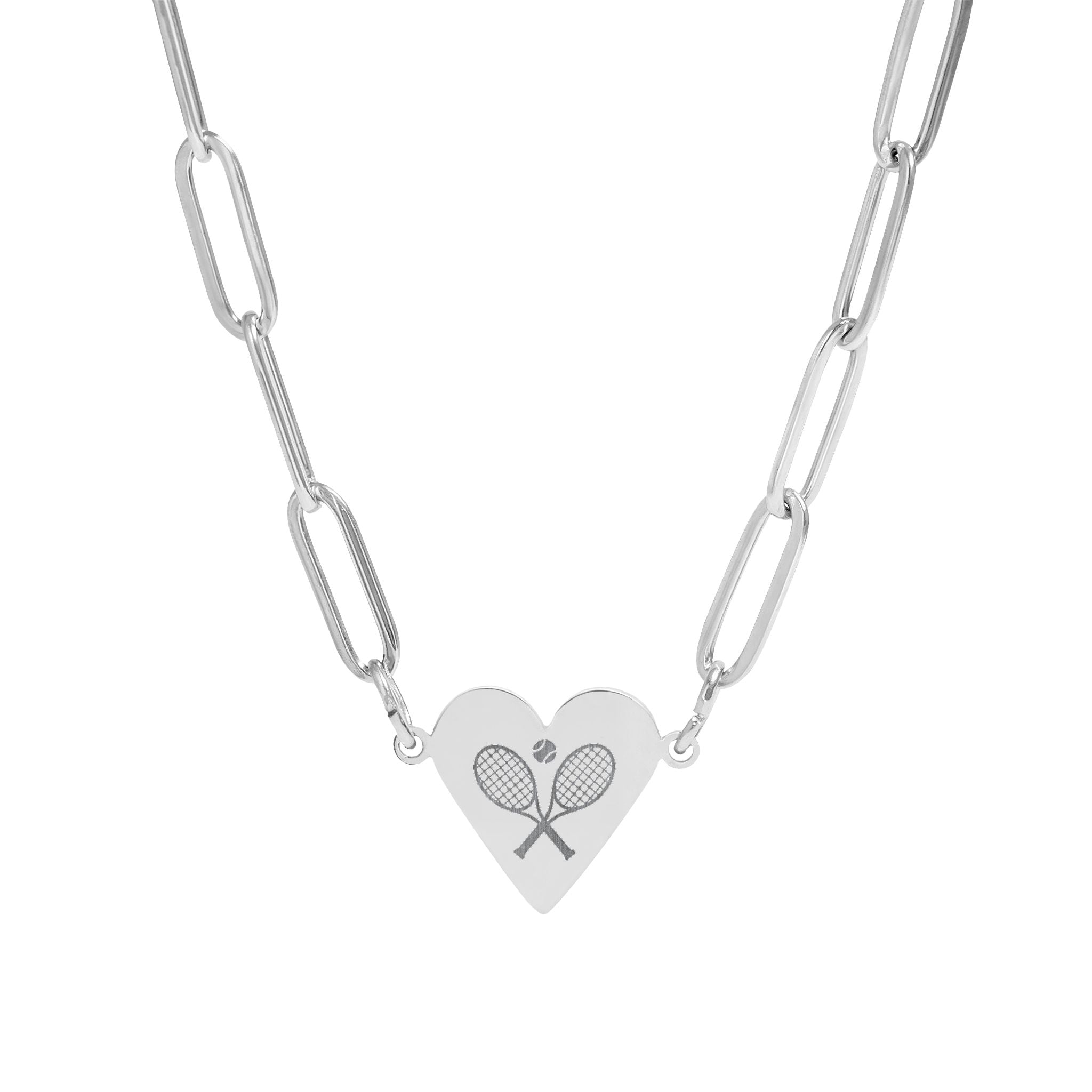 Paperclip Heart Necklace — Engraved Tennis Racket Charm