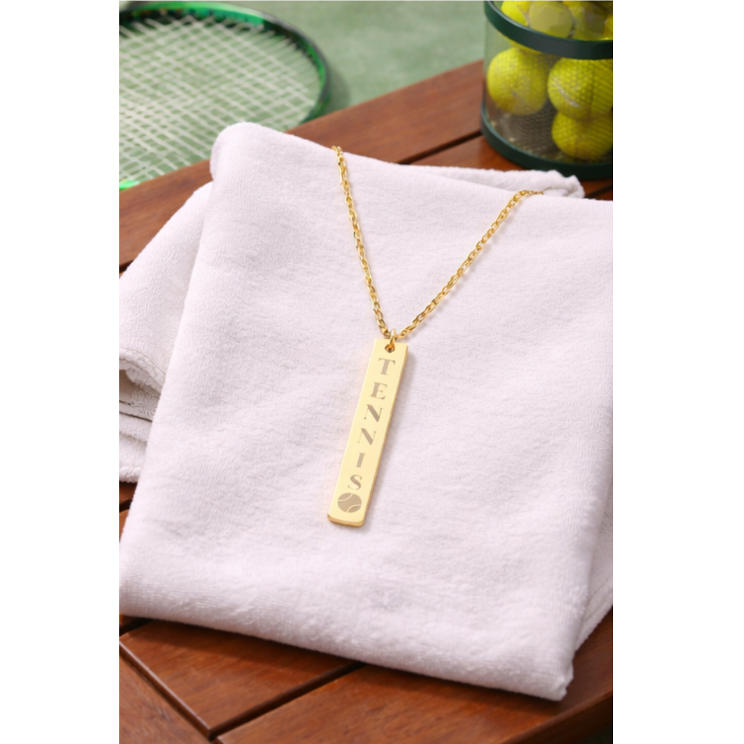 Engraved Vertical Bar Necklace — Tennis Ball Accent