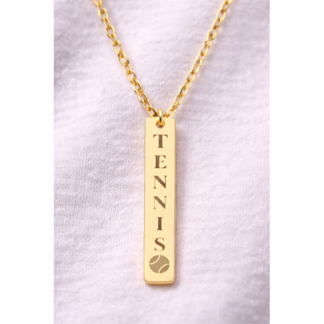 Engraved Vertical Bar Necklace — Tennis Ball Accent