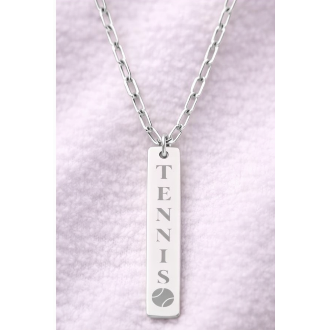 Engraved Vertical Bar Necklace — Tennis Ball Accent