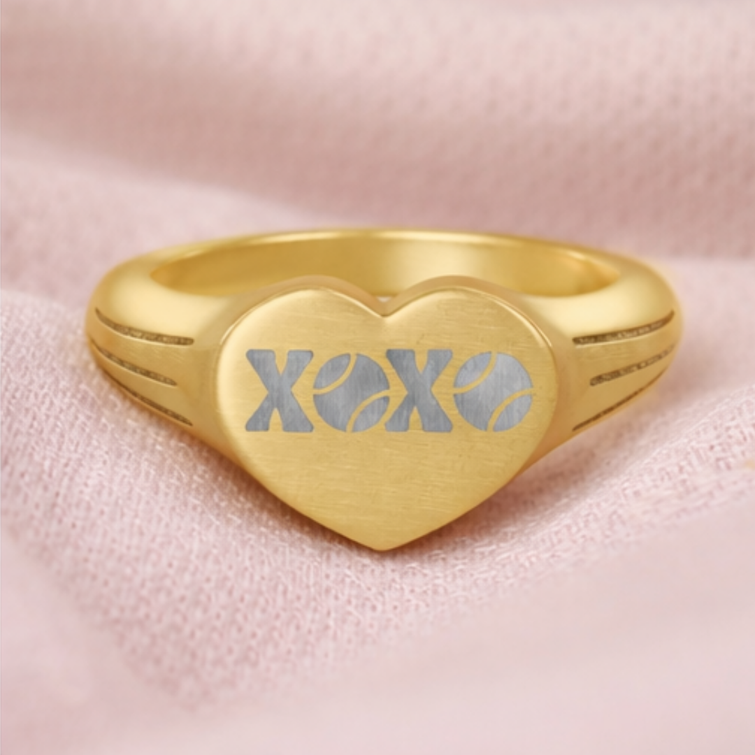 Heart Signet Ring — Gold Stainless Steel Engraved “XOXO”