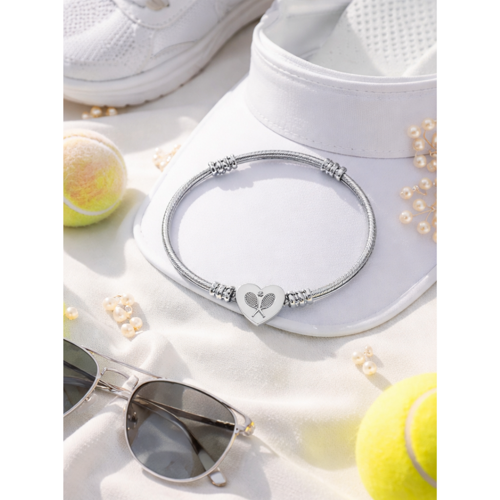 Engraved Heart Cuff Bracelet — Racket/balls Cable Wire Bangle