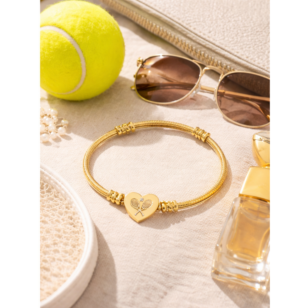 Engraved Heart Cuff Bracelet — Racket/balls Cable Wire Bangle