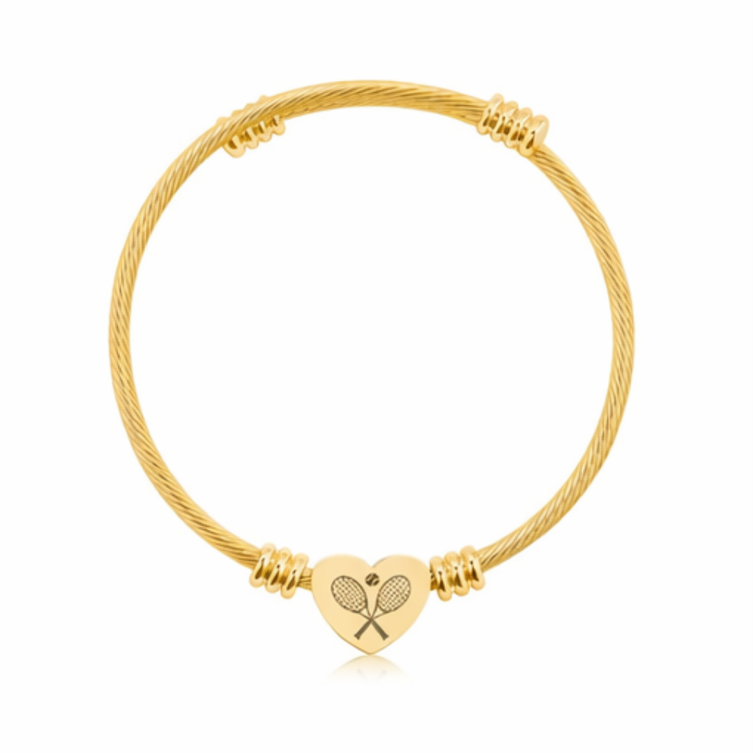 Engraved Heart Cuff Bracelet — Racket/balls Cable Wire Bangle