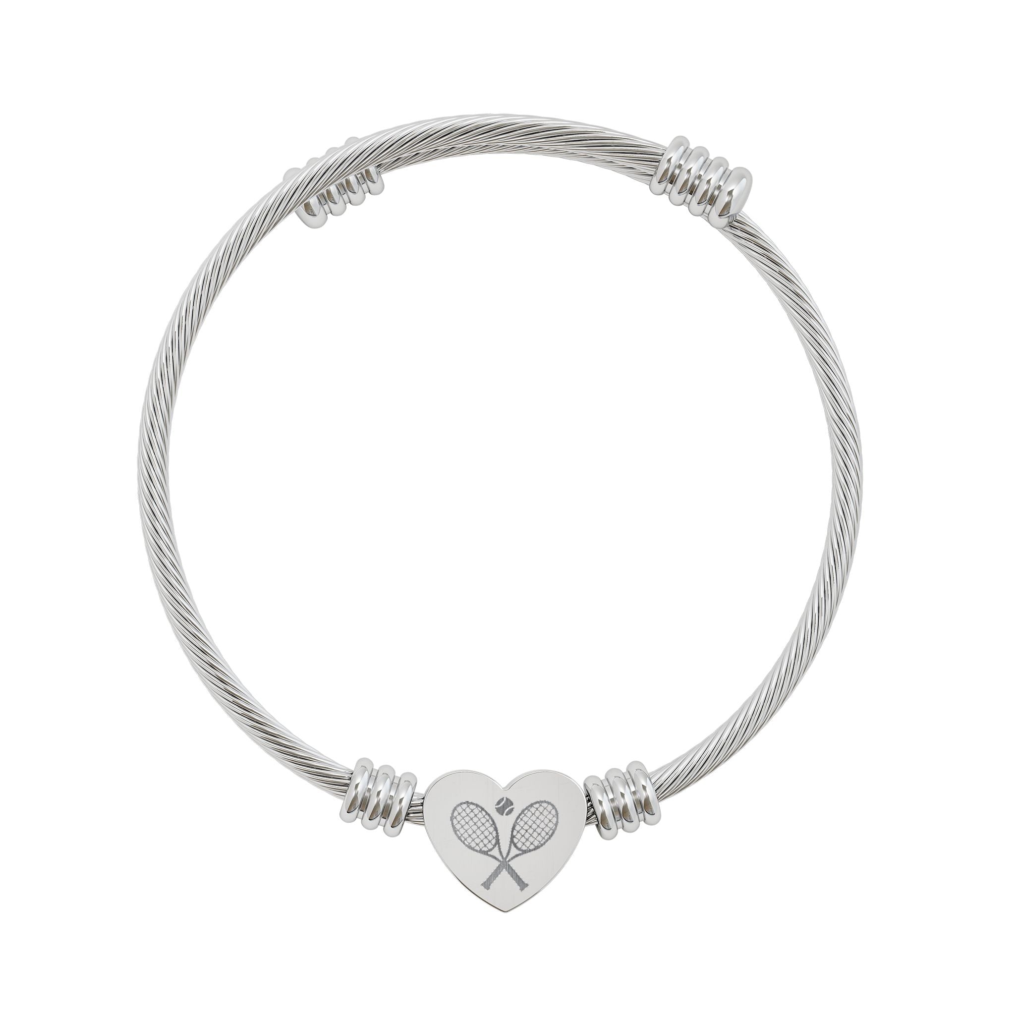 Engraved Heart Cuff Bracelet — Racket/balls Cable Wire Bangle