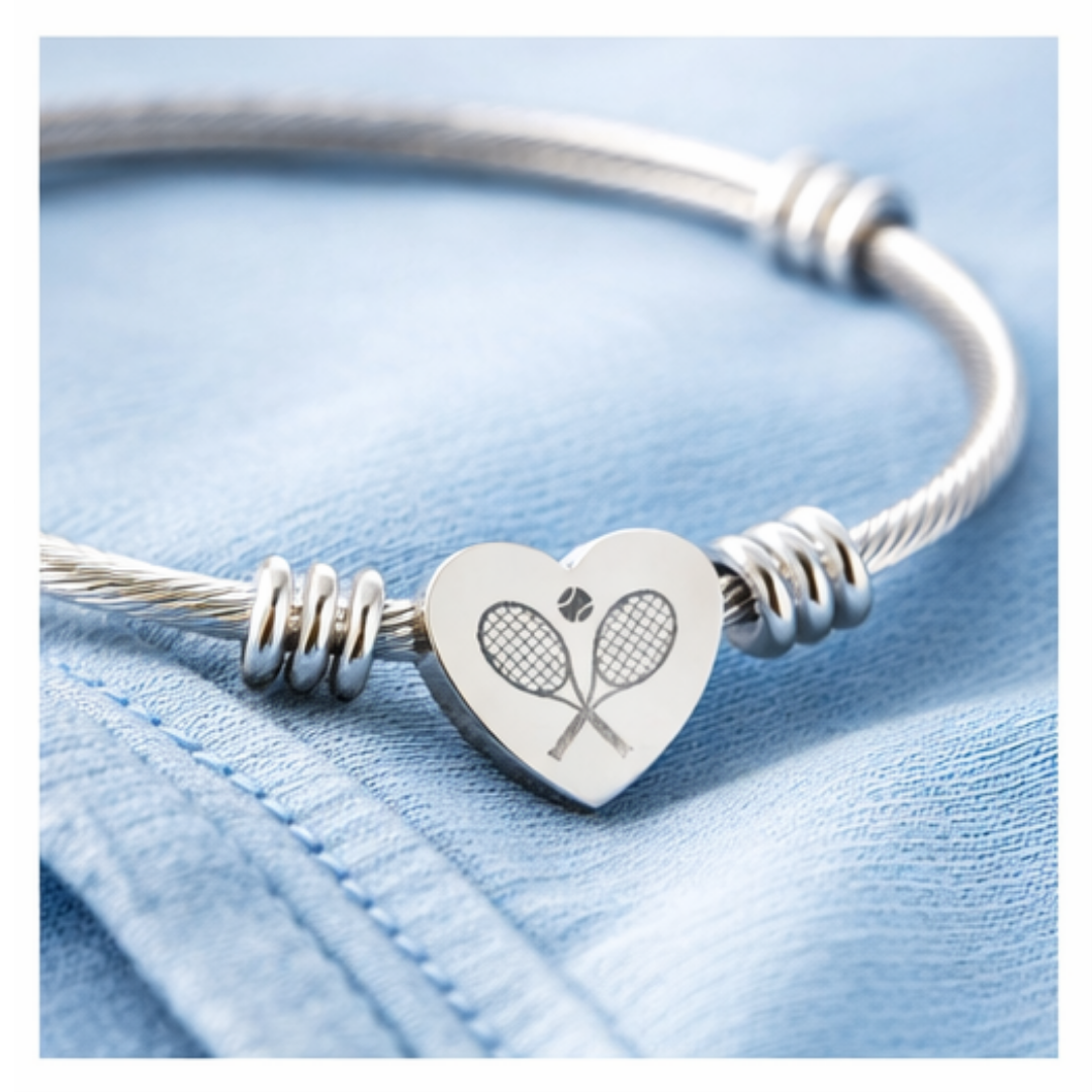 Engraved Heart Cuff Bracelet — Racket/balls Cable Wire Bangle