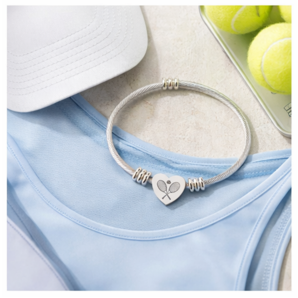 Engraved Heart Cuff Bracelet — Racket/balls Cable Wire Bangle