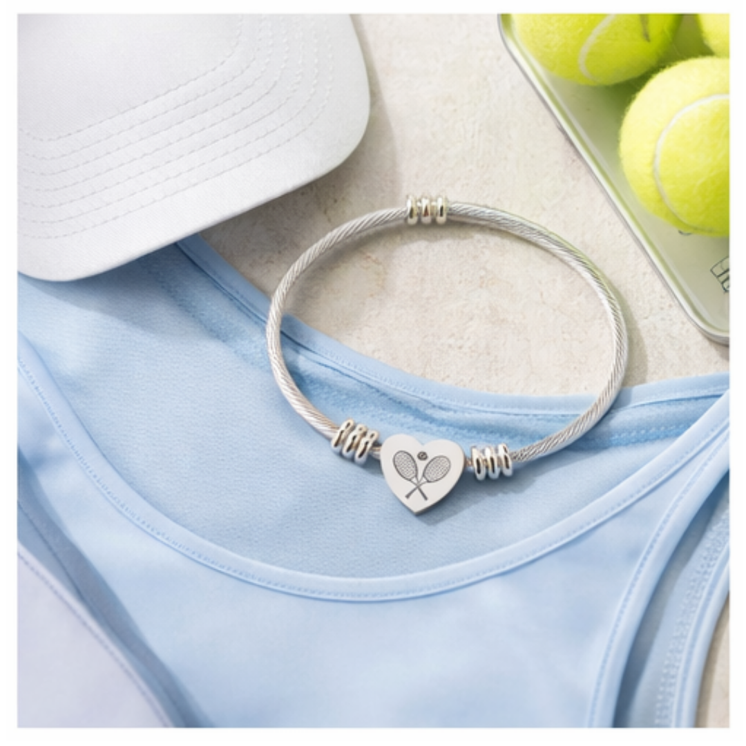 Engraved Heart Cuff Bracelet — Racket/balls Cable Wire Bangle