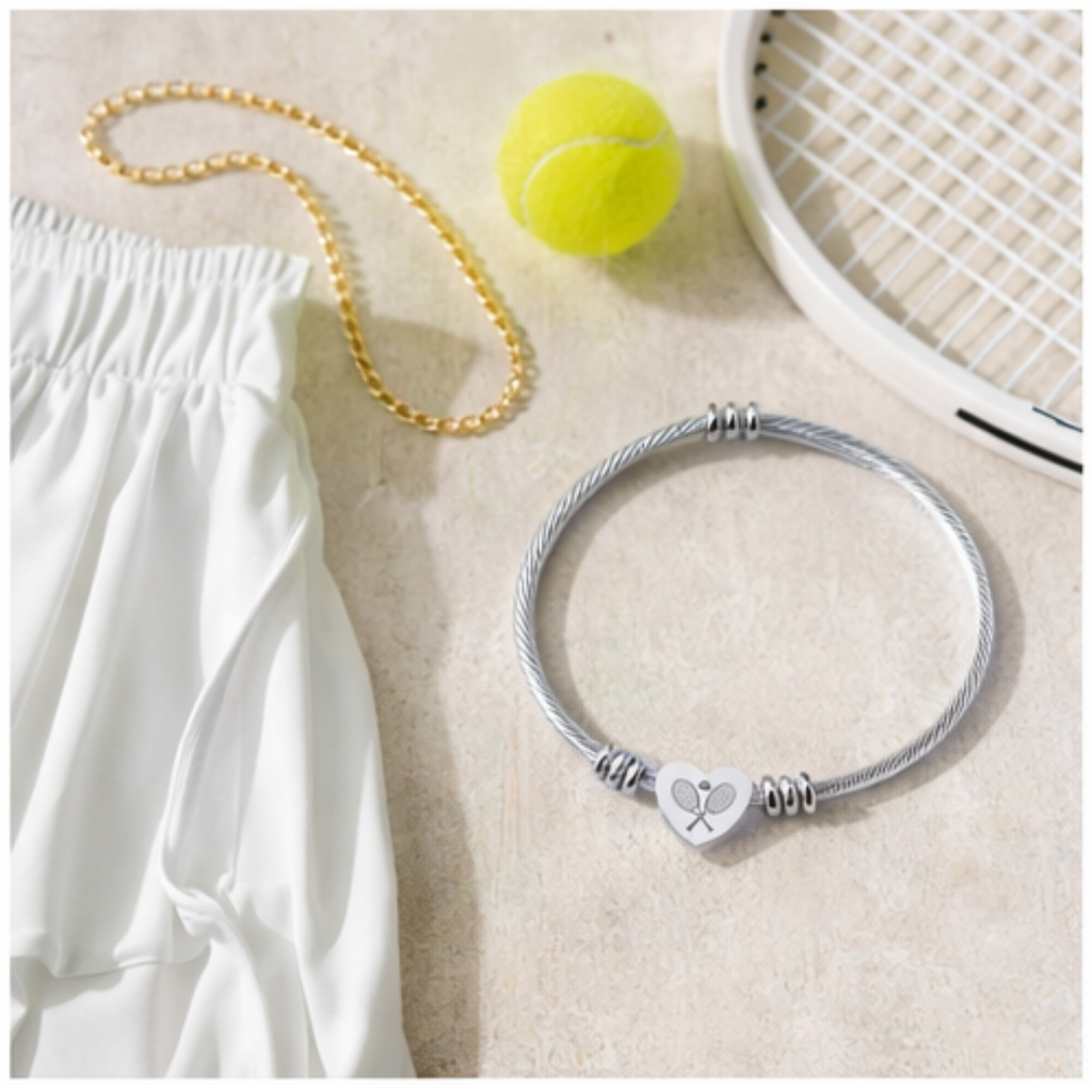 Engraved Heart Cuff Bracelet — Racket/balls Cable Wire Bangle
