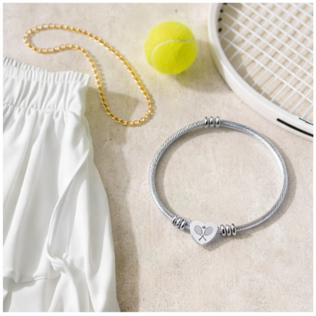 Engraved Heart Cuff Bracelet — Racket/balls Cable Wire Bangle