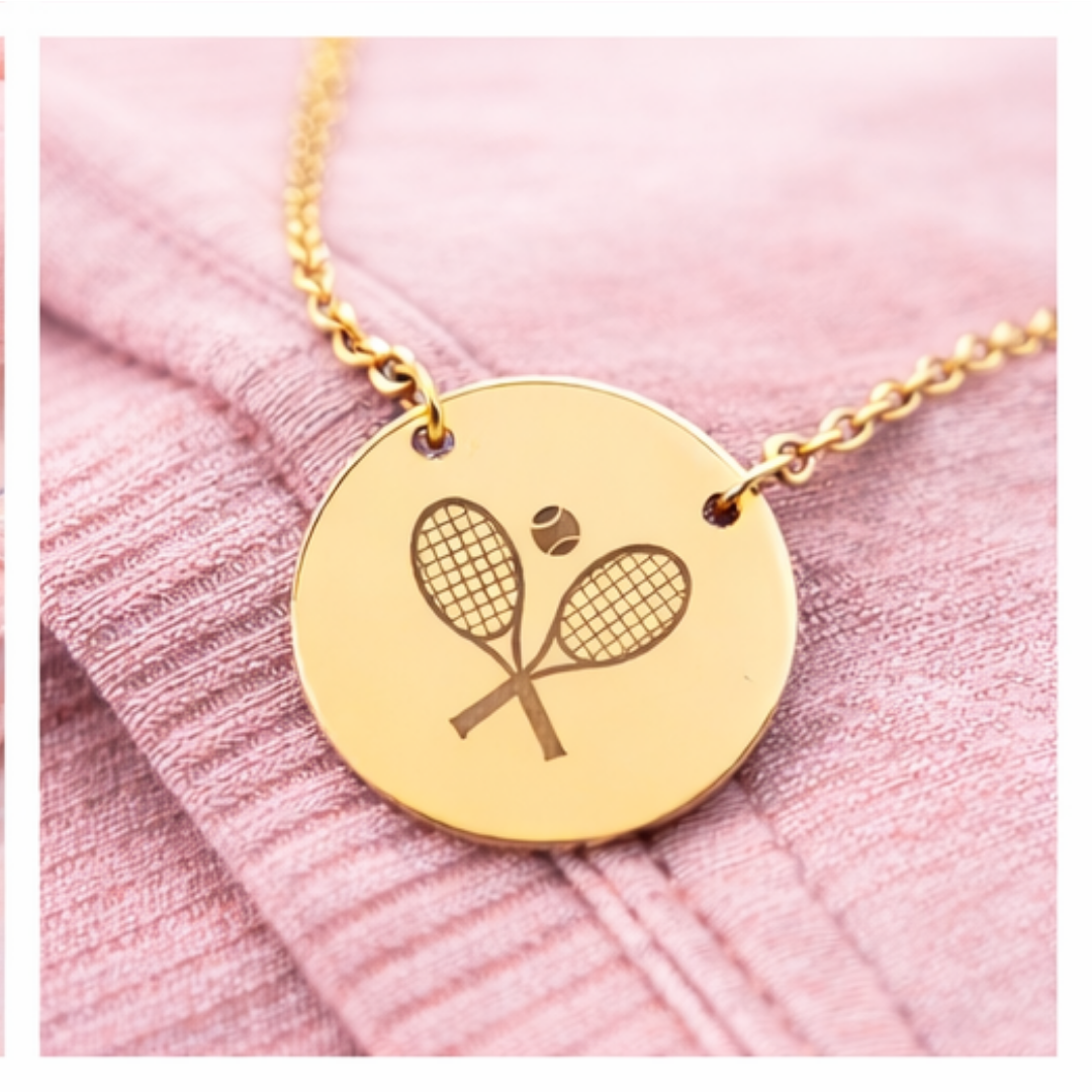 Tennis Racket/Ball Necklace — Engraved Sports Pendant Gift