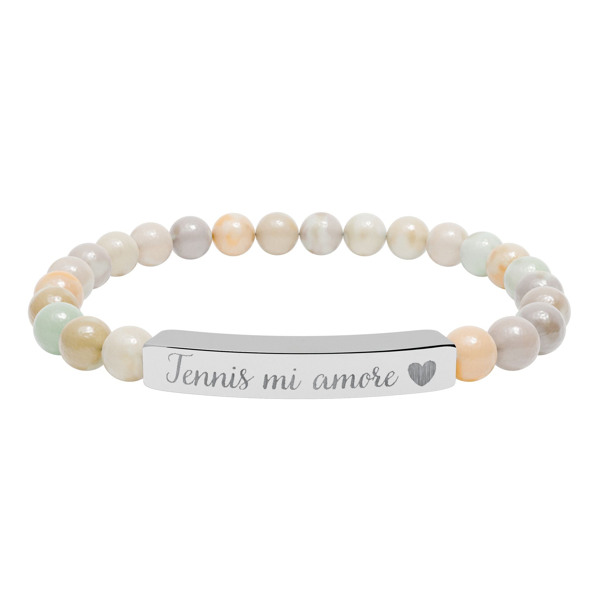 Engraved Natural Stone Bar Bracelet – Tennis mi amore/Heart/Stretch Beaded