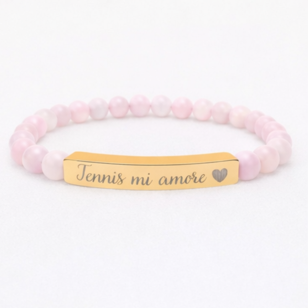 Engraved Natural Stone Bar Bracelet – Tennis mi amore/Heart/Stretch Beaded