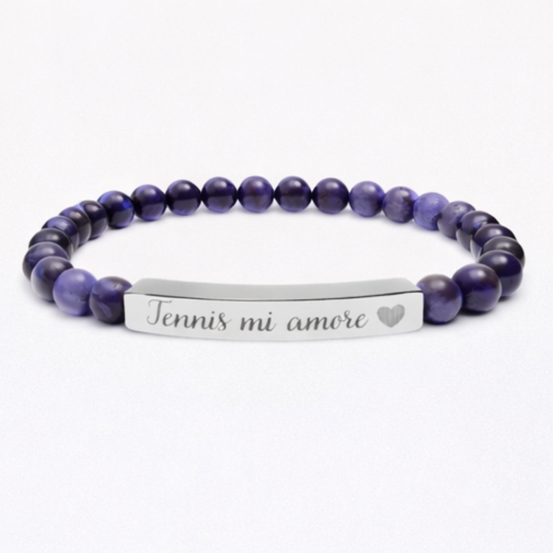 Engraved Natural Stone Bar Bracelet – Tennis mi amore/Heart/Stretch Beaded