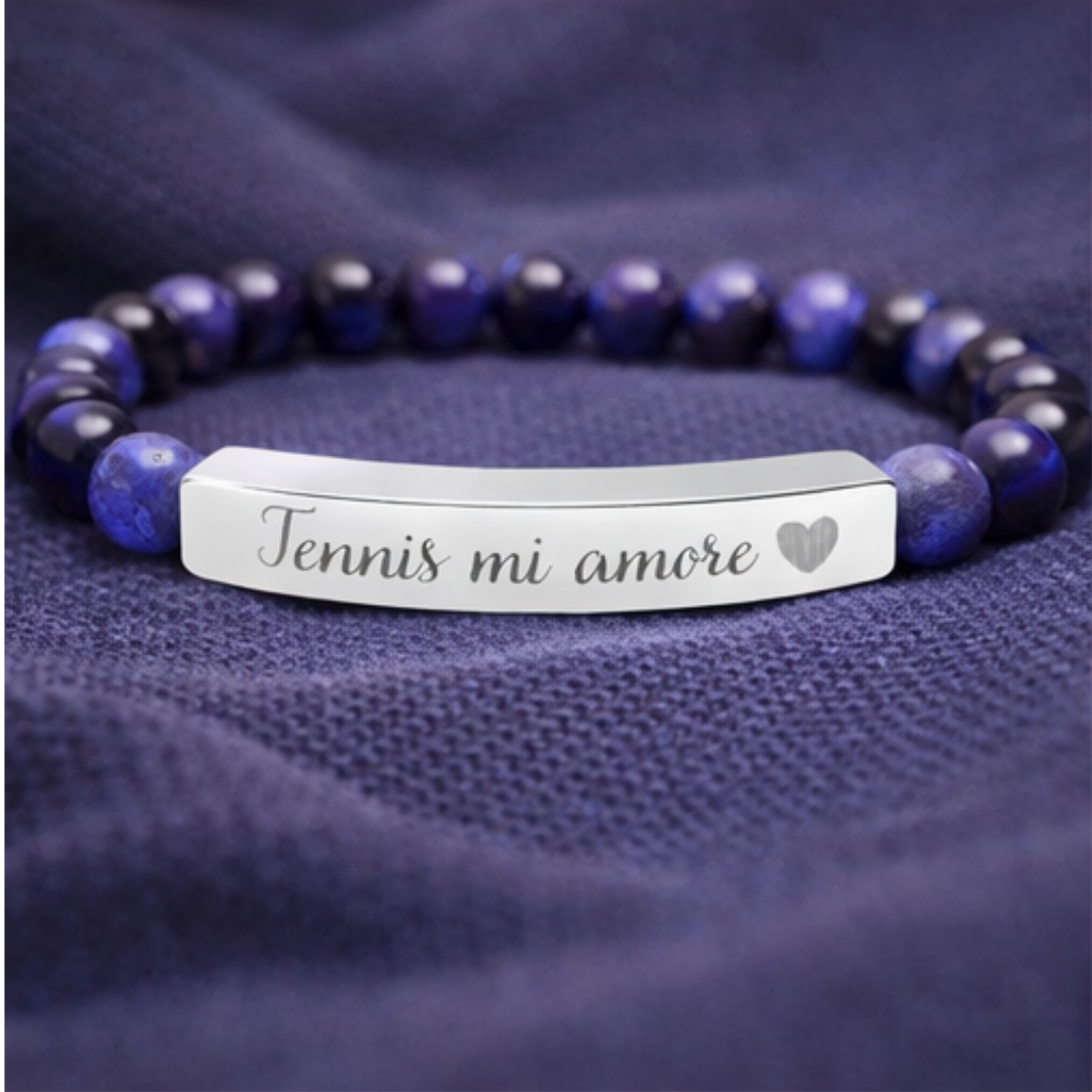 Engraved Natural Stone Bar Bracelet – Tennis mi amore/Heart/Stretch Beaded