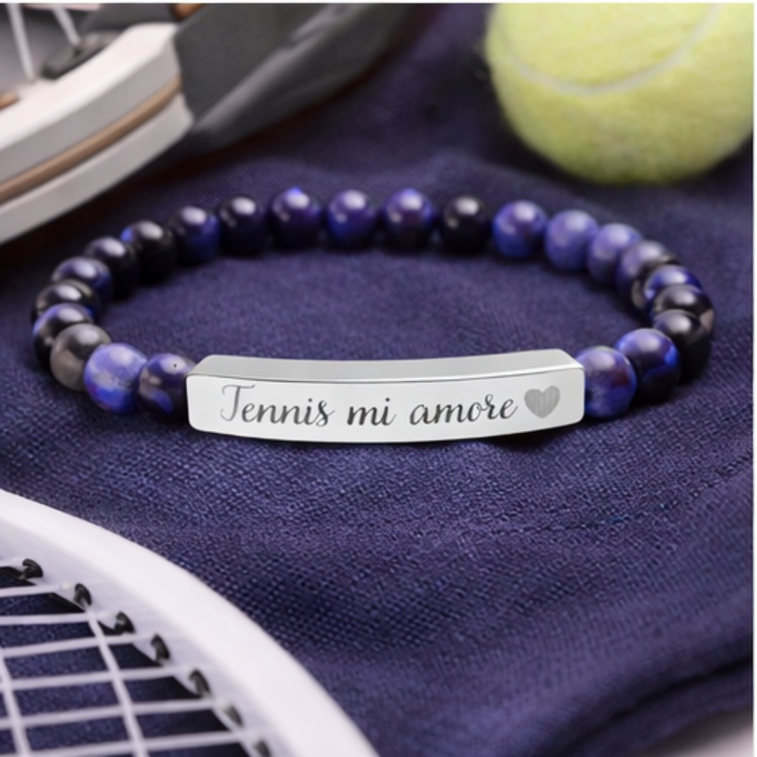 Engraved Natural Stone Bar Bracelet – Tennis mi amore/Heart/Stretch Beaded