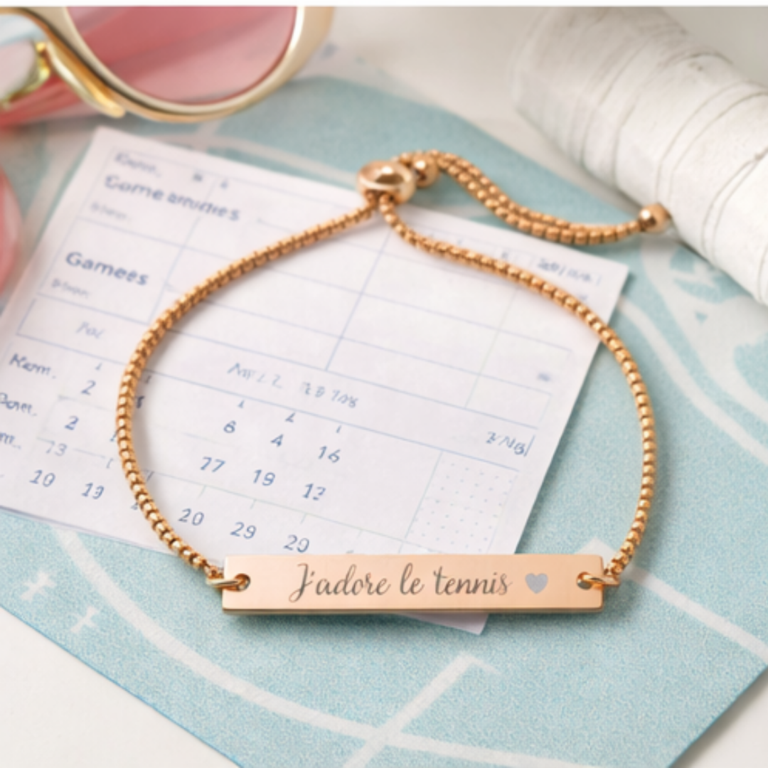 Engraved Adjustable Bar Bracelet — J'adore le tennis/heart