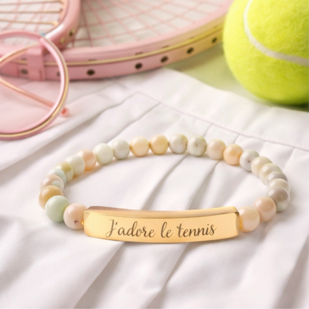Engraved Natural Stone Bar Bracelet — J'adore le tennis/Stretch Beaded