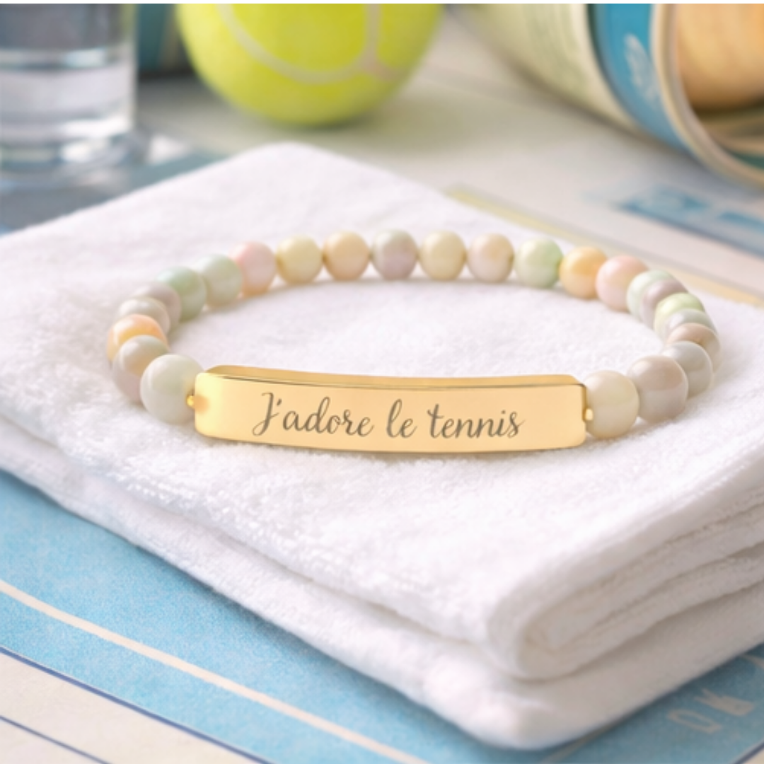 Engraved Natural Stone Bar Bracelet — J'adore le tennis/Stretch Beaded