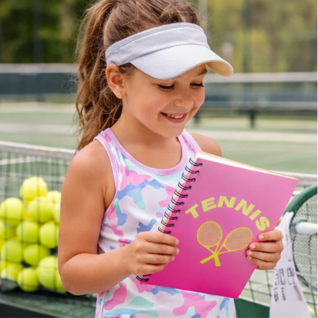 Tennis Spiral Notebook — Pink Gradient Ruled Journal with Neon Rackets