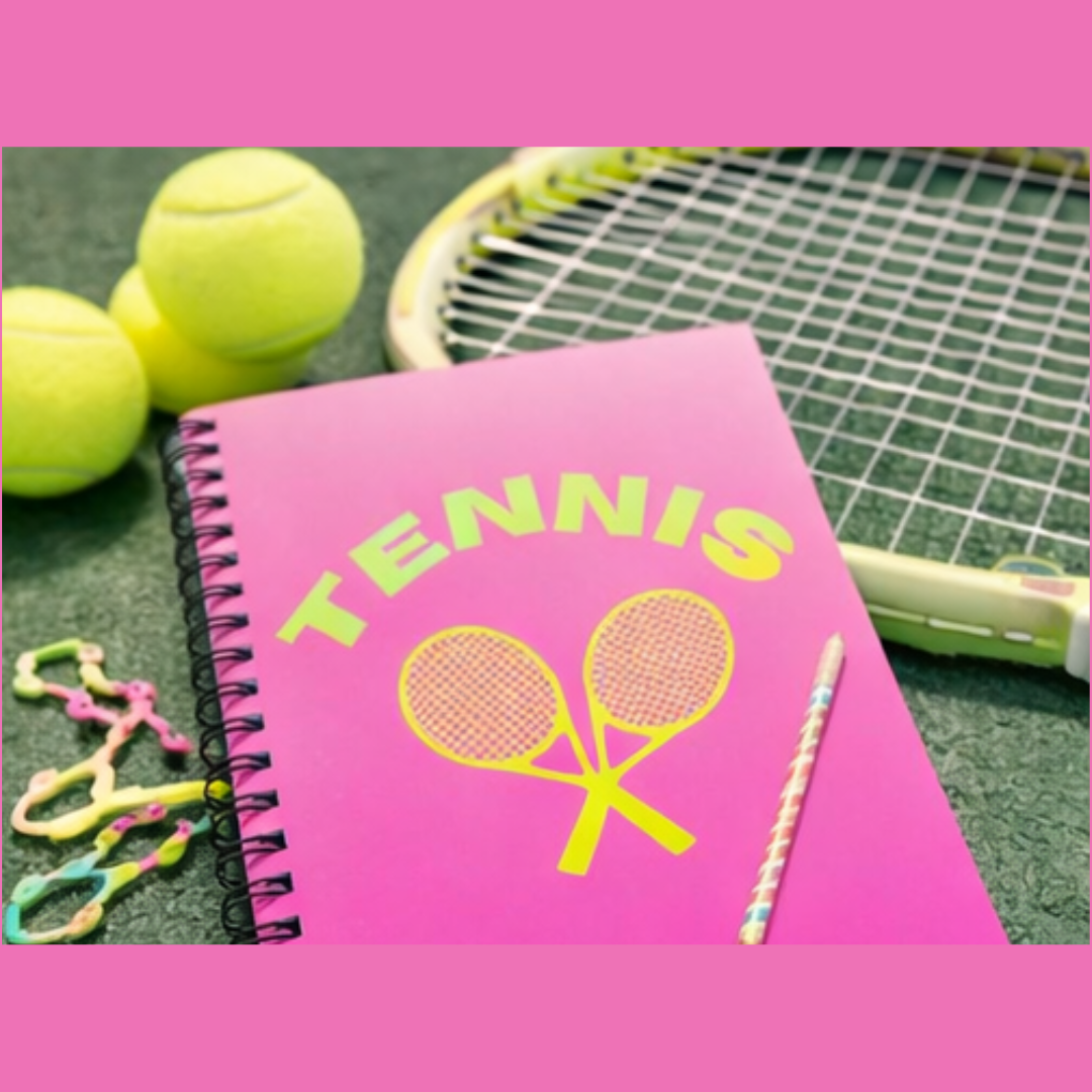 Tennis Spiral Notebook — Pink Gradient Ruled Journal with Neon Rackets
