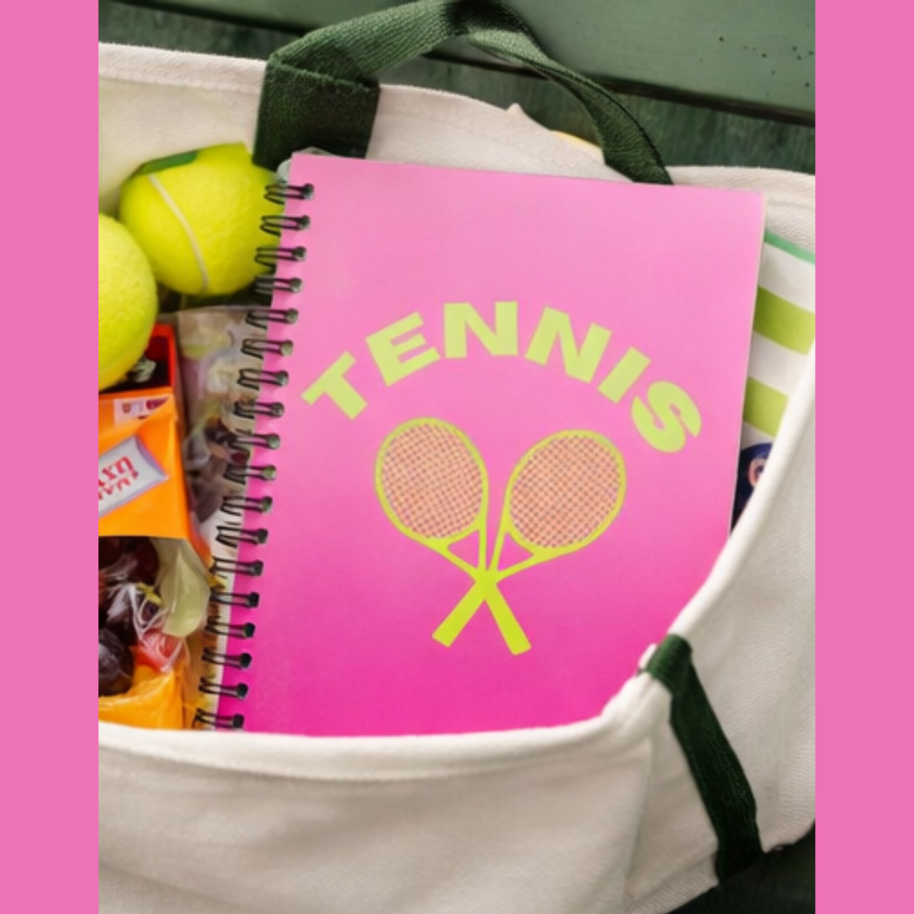 Tennis Spiral Notebook — Pink Gradient Ruled Journal with Neon Rackets