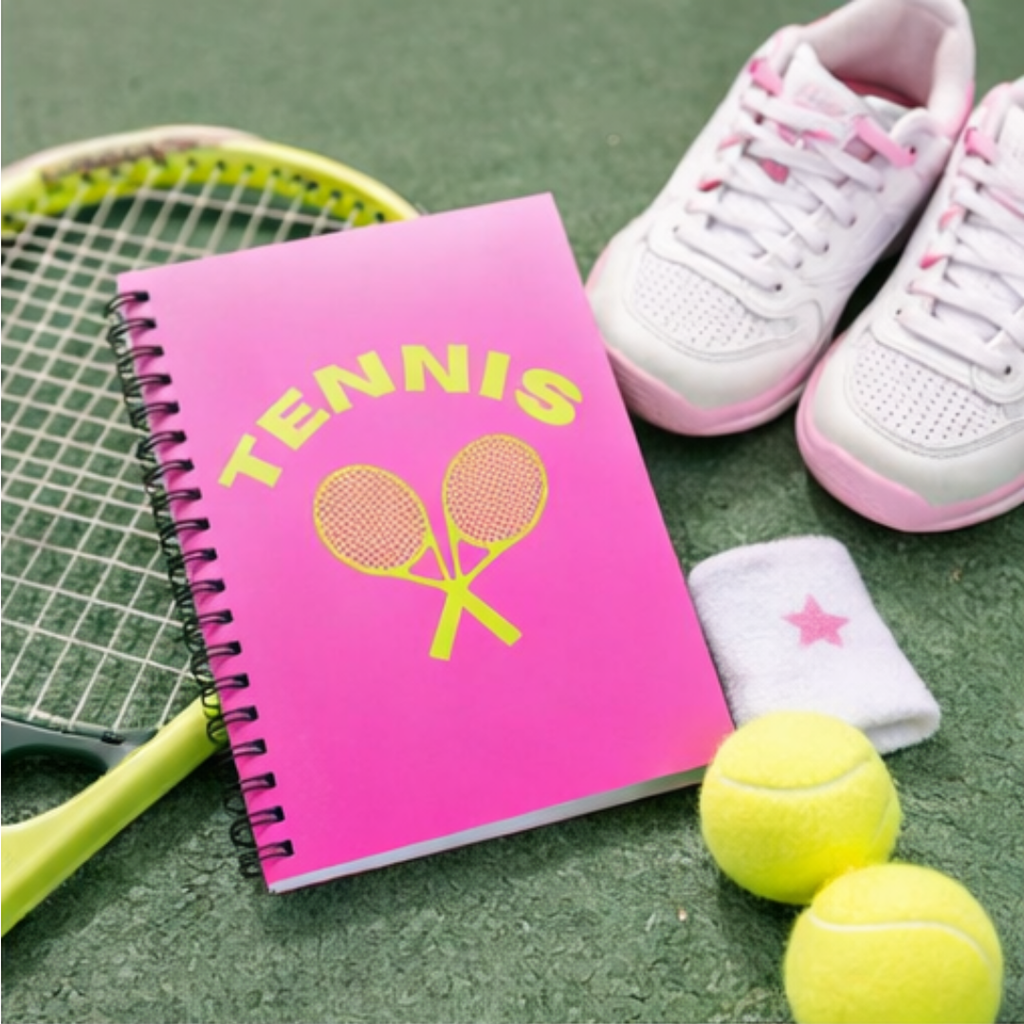 Tennis Spiral Notebook — Pink Gradient Ruled Journal with Neon Rackets
