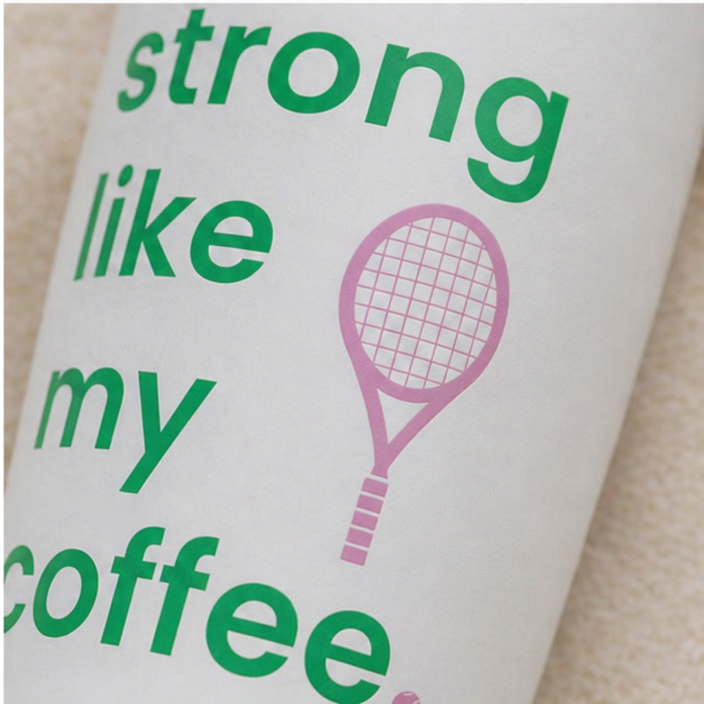 20oz Coffee Tumbler — "Strong Like My Coffee" Tennis Graphic Insulated Travel Cup (bubblegum pink/green)
