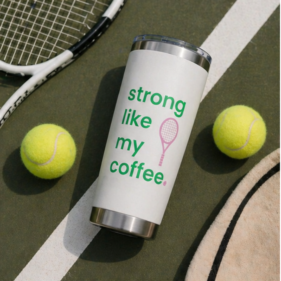 20oz Coffee Tumbler — "Strong Like My Coffee" Tennis Graphic Insulated Travel Cup (bubblegum pink/green)