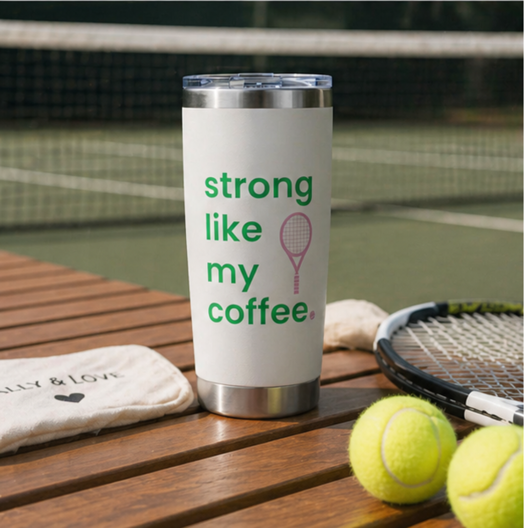 20oz Coffee Tumbler — "Strong Like My Coffee" Tennis Graphic Insulated Travel Cup (bubblegum pink/green)
