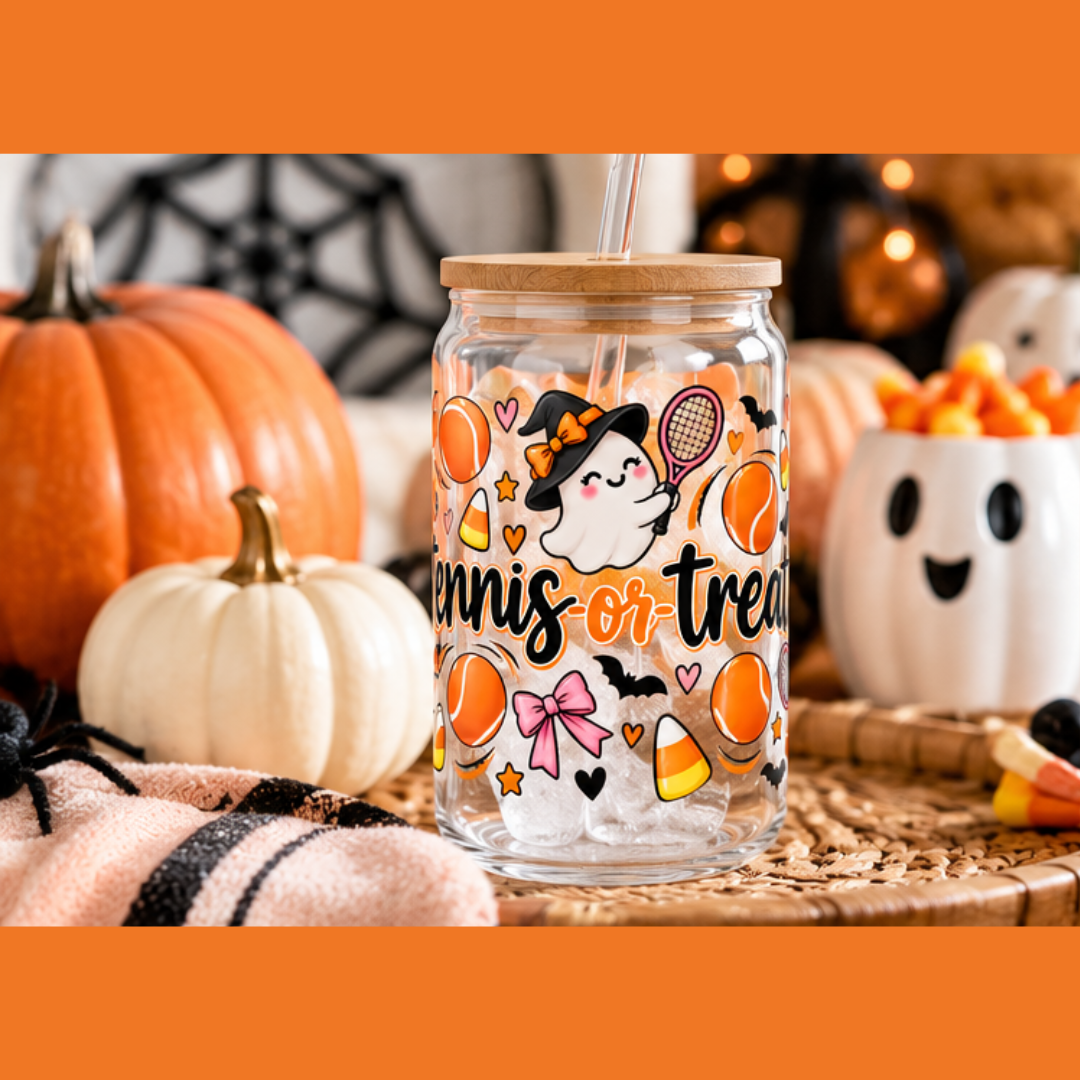 Halloween Tennis Sipper Glass, 16oz — 'Tennis-or-Treat' Cute Ghosts & Candy Corn