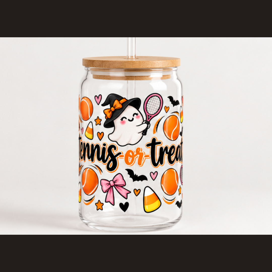 Halloween Tennis Sipper Glass, 16oz — 'Tennis-or-Treat' Cute Ghosts & Candy Corn