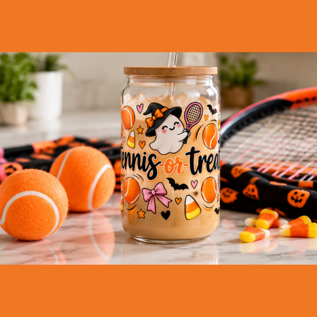 Halloween Tennis Sipper Glass, 16oz — 'Tennis-or-Treat' Cute Ghosts & Candy Corn