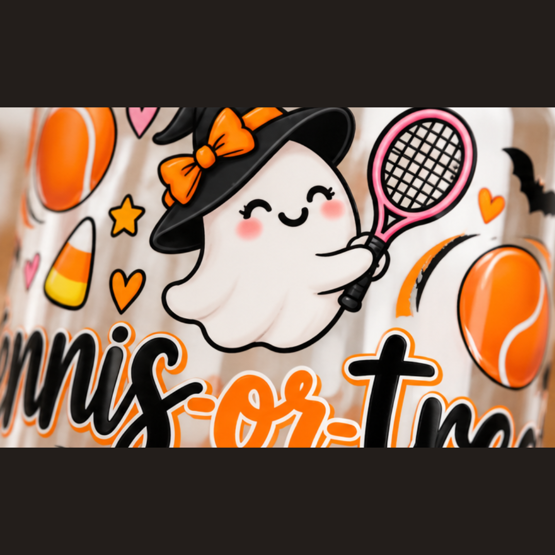 Halloween Tennis Sipper Glass, 16oz — 'Tennis-or-Treat' Cute Ghosts & Candy Corn