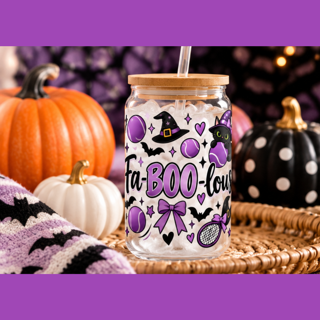 Halloween Cat Sipper Glass 16 oz - 'Fa-Boo-Lous' Cat Witchy Drink Jar