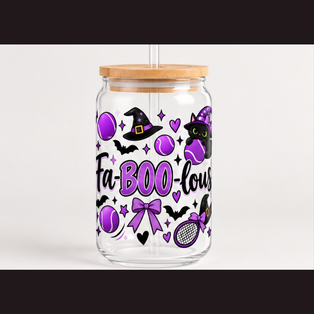 Halloween Cat Sipper Glass 16 oz - 'Fa-Boo-Lous' Cat Witchy Drink Jar