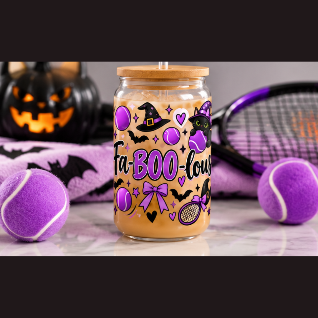 Halloween Cat Sipper Glass 16 oz - 'Fa-Boo-Lous' Cat Witchy Drink Jar