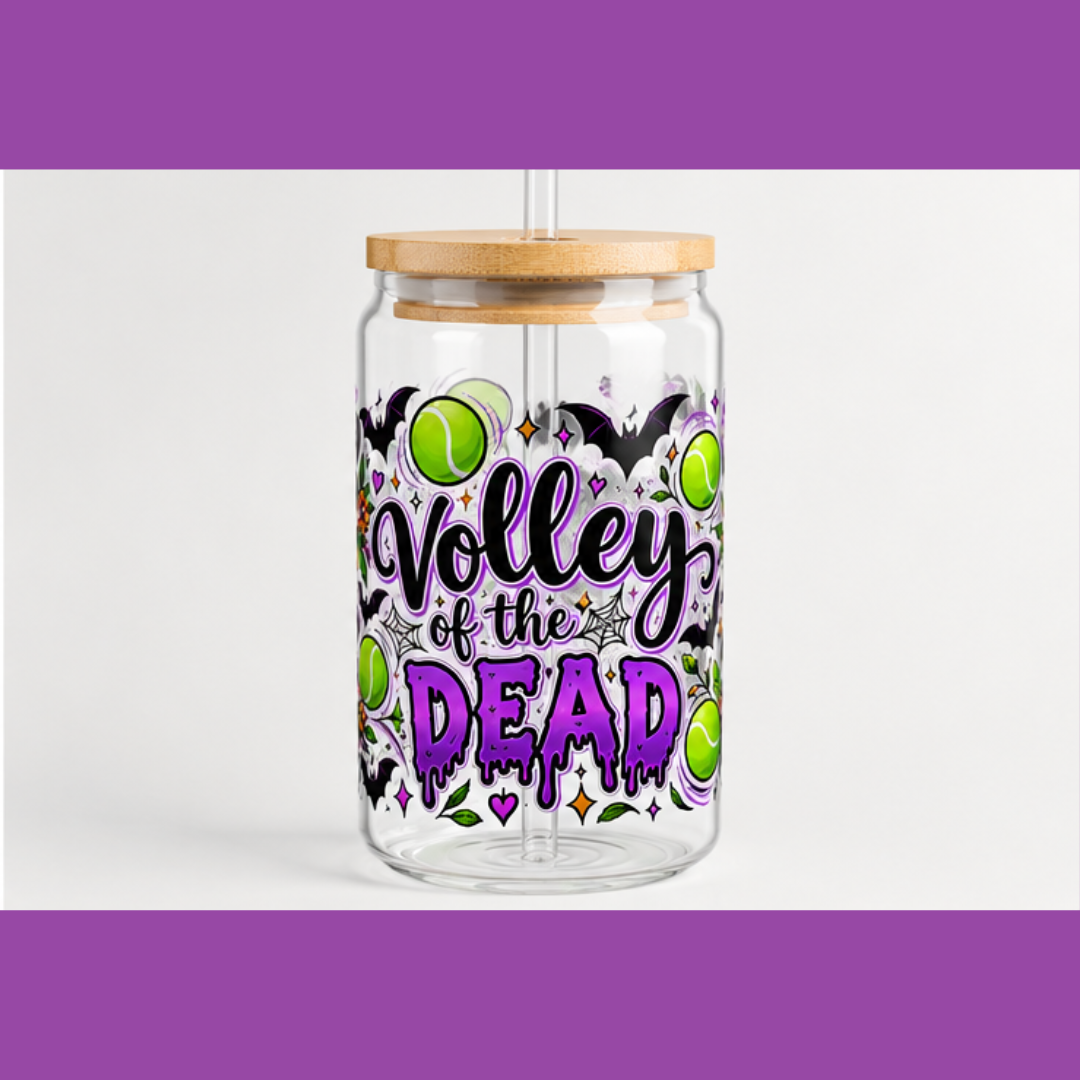 Halloween Sugar Skull Tennis Sipper Glass 16oz - 'Volley of the Dead' Halloween Sugar Skull
