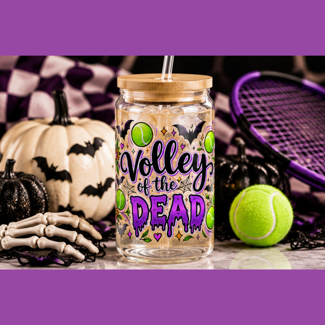 Halloween Sugar Skull Tennis Sipper Glass 16oz - 'Volley of the Dead' Halloween Sugar Skull