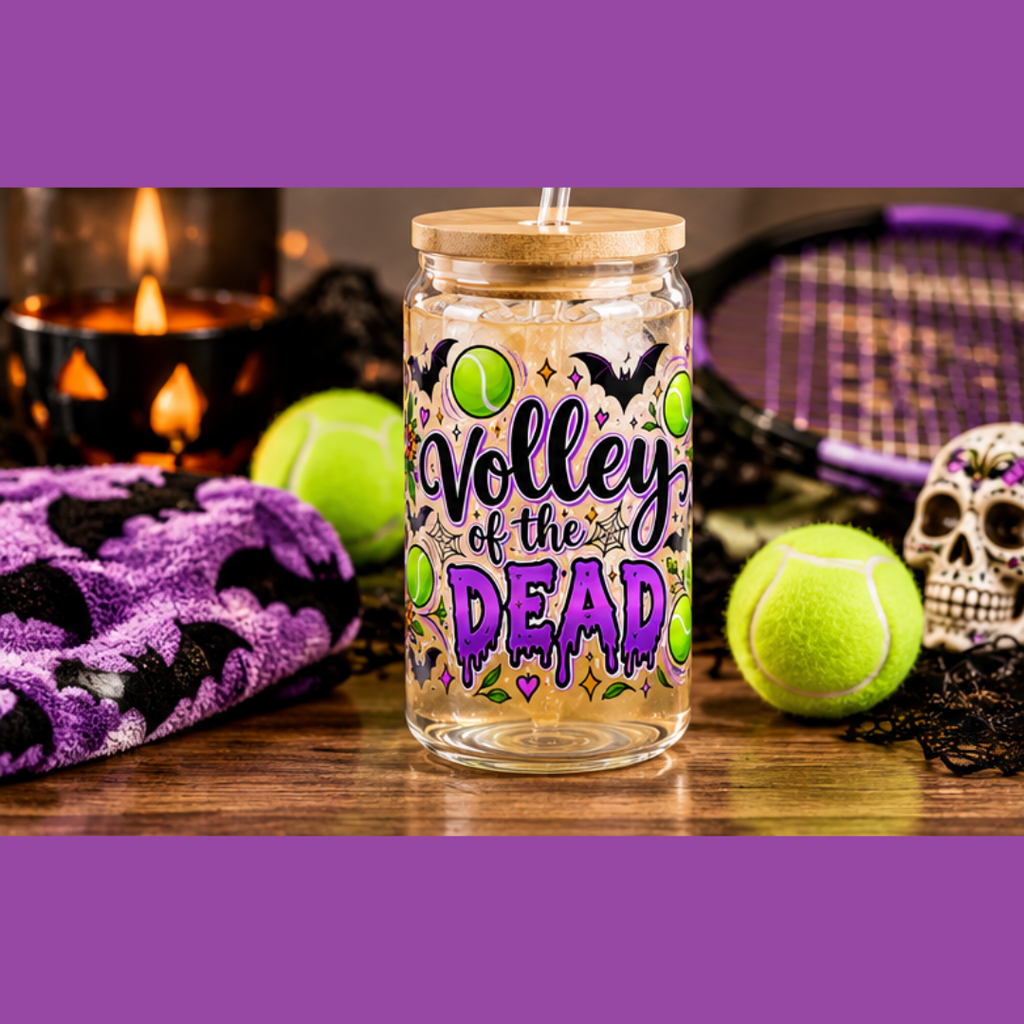 Halloween Sugar Skull Tennis Sipper Glass 16oz - 'Volley of the Dead' Halloween Sugar Skull
